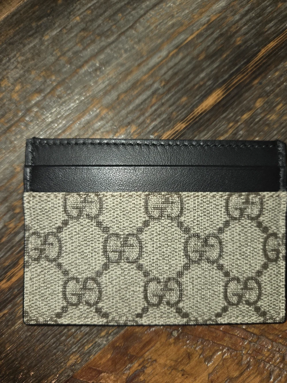 Gucci Beige GG Supreme Canvas Card Holder with Black Leather Trim